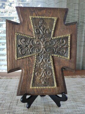 Bronzed Brass Byzantine Cross on Wood, VTG Large Rustic Gothic Crucifix 11.5"